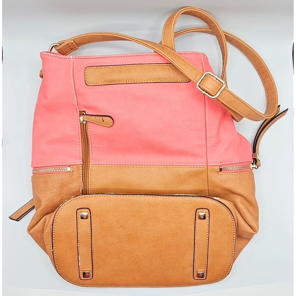 Simply Noelle Two Tone Coral Tan Faux Leather Drawstring Bucket Bag‎ Purse - Picture 5 of 7